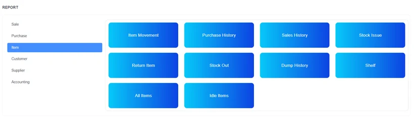 POS Express Reports screen with sale, purchase, item, customer, supplier and accounting report categories